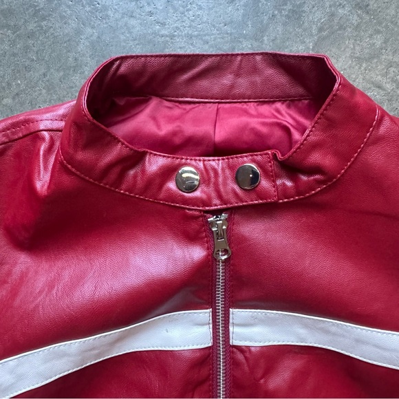 Red and White Women's Faux Leather Jacket - Picture 6 of 7